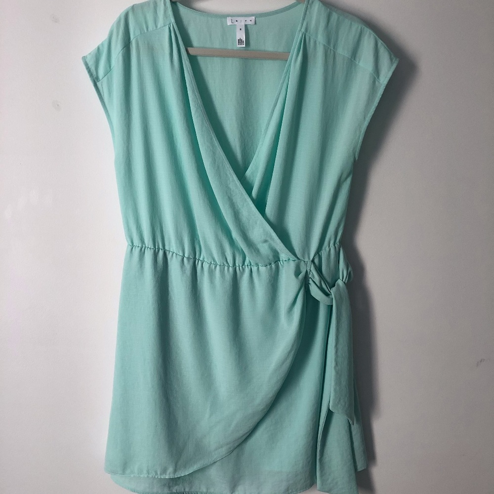 Leith Teal  Summer Dress v-neck faux wrap tie, short sleeve